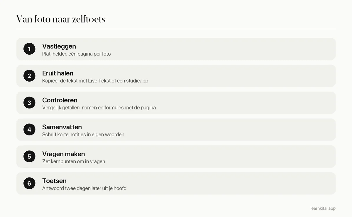 Zes stappen van een pagina fotograferen tot jezelf toetsen op de aantekeningen die ervan zijn gemaakt