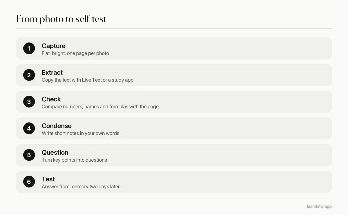 Six steps from photographing a page to testing yourself on notes made from it