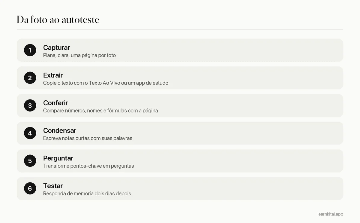 Seis passos de fotografar uma página a se testar nas anotações feitas a partir dela