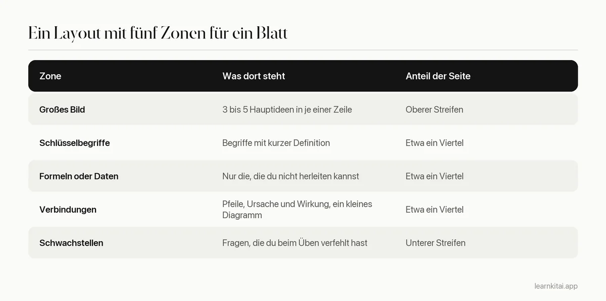 Tabelle der fünf Zonen eines einseitigen Lernzettels und was in jede gehört