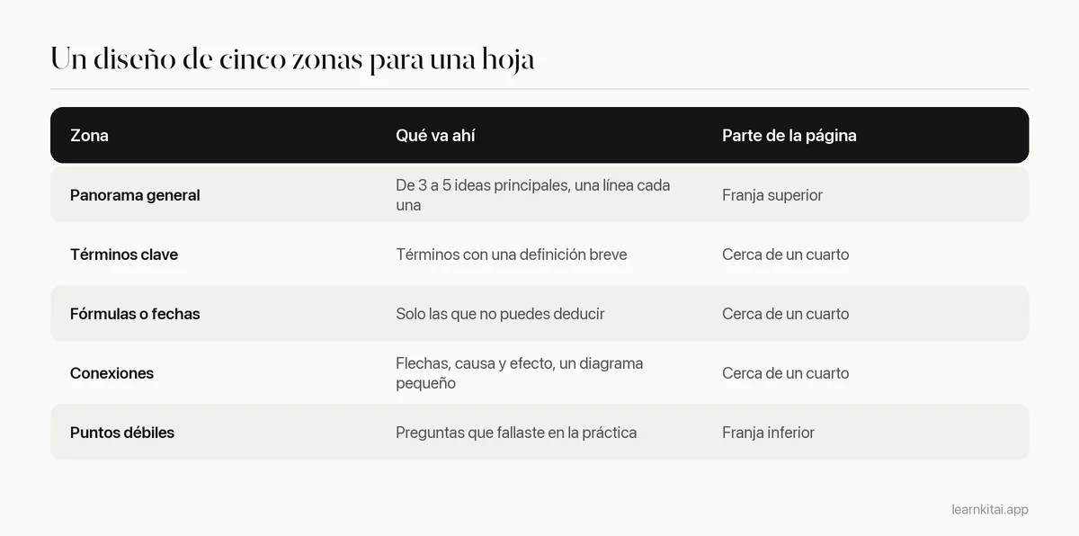 Tabla de las cinco zonas de un resumen en una hoja y qué va en cada una