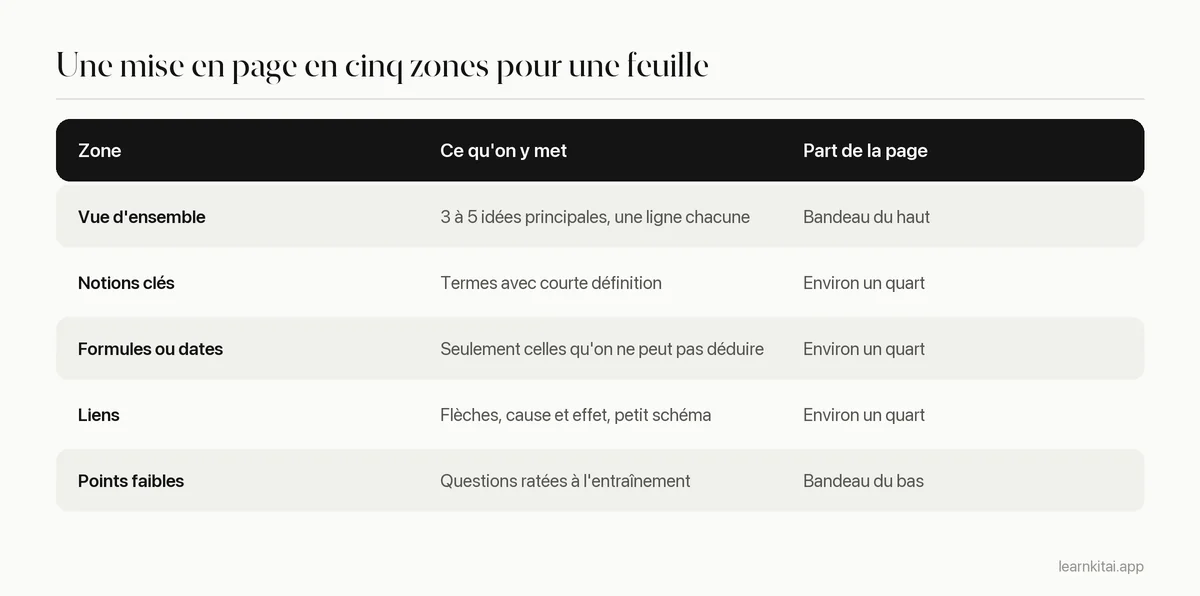 Tableau des cinq zones d'une fiche de révision d'une page et de ce que contient chacune
