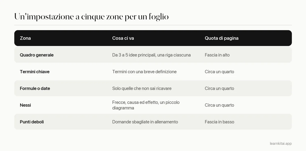 Tabella delle cinque zone di uno schema riassuntivo di una pagina e di cosa va in ciascuna