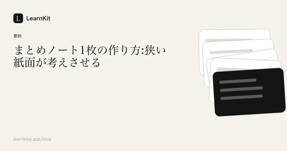 落ち着いたモノクロの模様の上に、タイトル「まとめノート1枚の作り方:狭い紙面が考えさせる」を配置したカバー画像