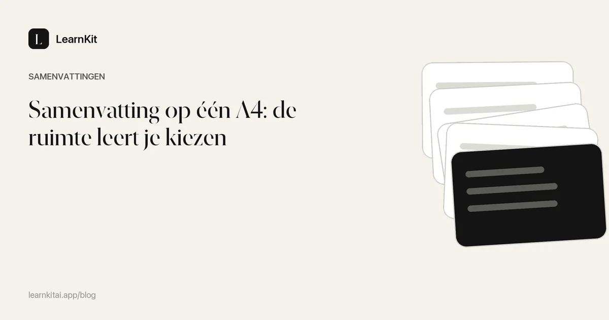 De titel Samenvatting op één A4: de ruimte leert je kiezen op een rustig monochroom patroon