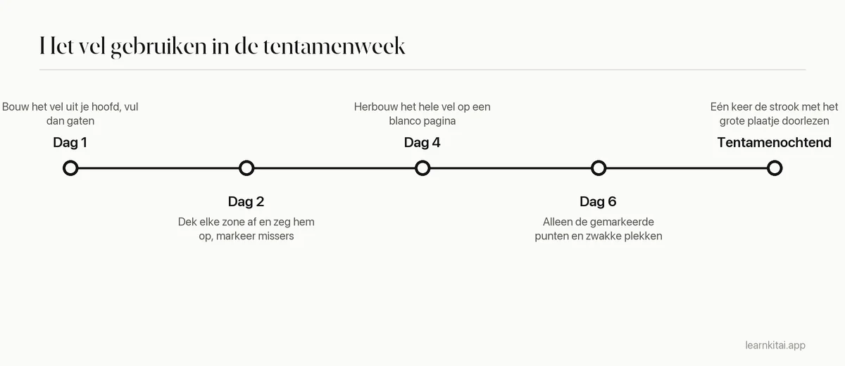 Tijdlijn voor het gebruik van een samenvatting op één A4 in de week voor een tentamen