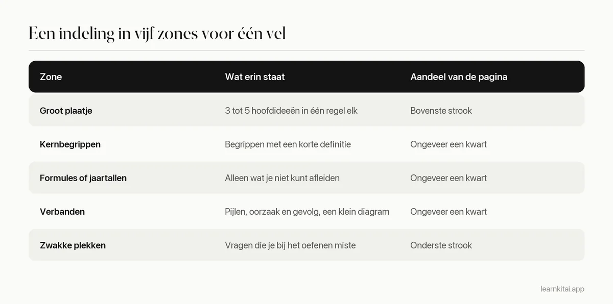 Tabel met de vijf zones op een samenvatting op één A4 en wat in elke zone staat