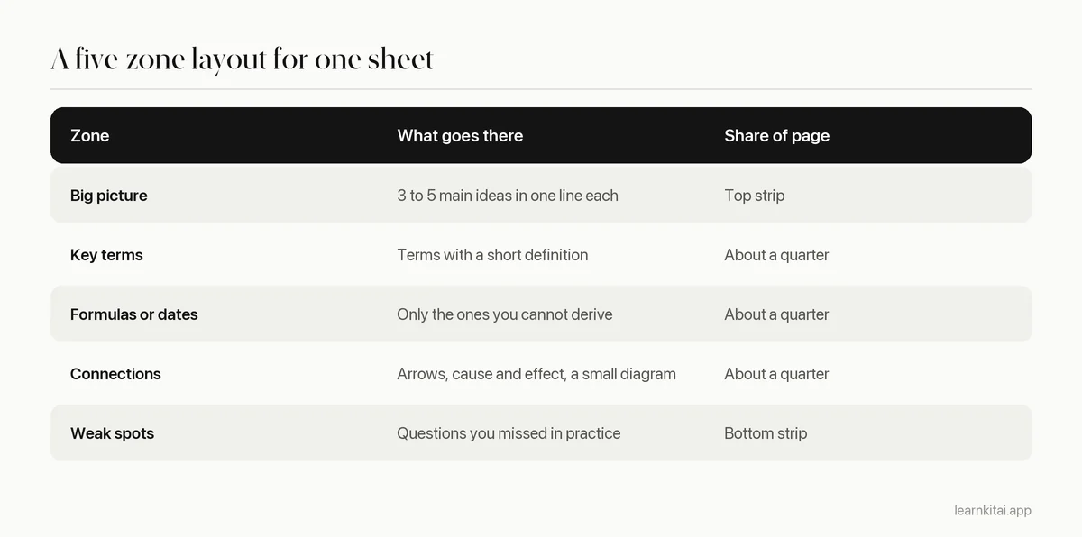 Table of the five zones on a one page study guide and what goes in each