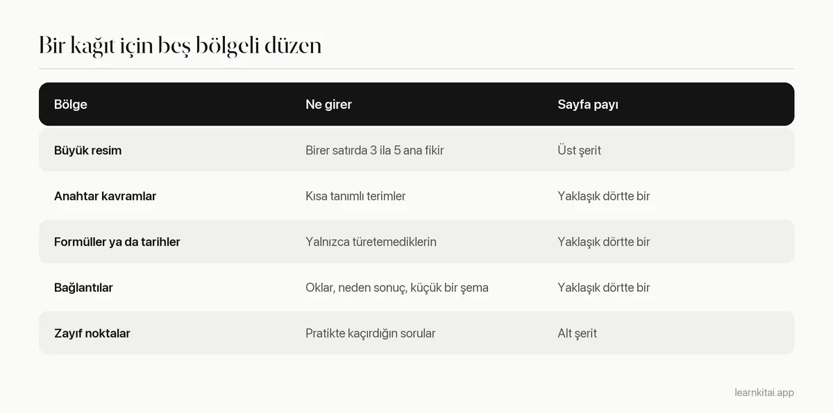 Tek sayfa özetin beş bölgesini ve her birine nelerin girdiğini gösteren tablo