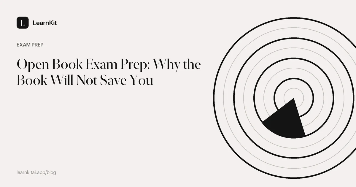 Article title Open Book Exam Prep: Why the Book Will Not Save You over a calm monochrome pattern