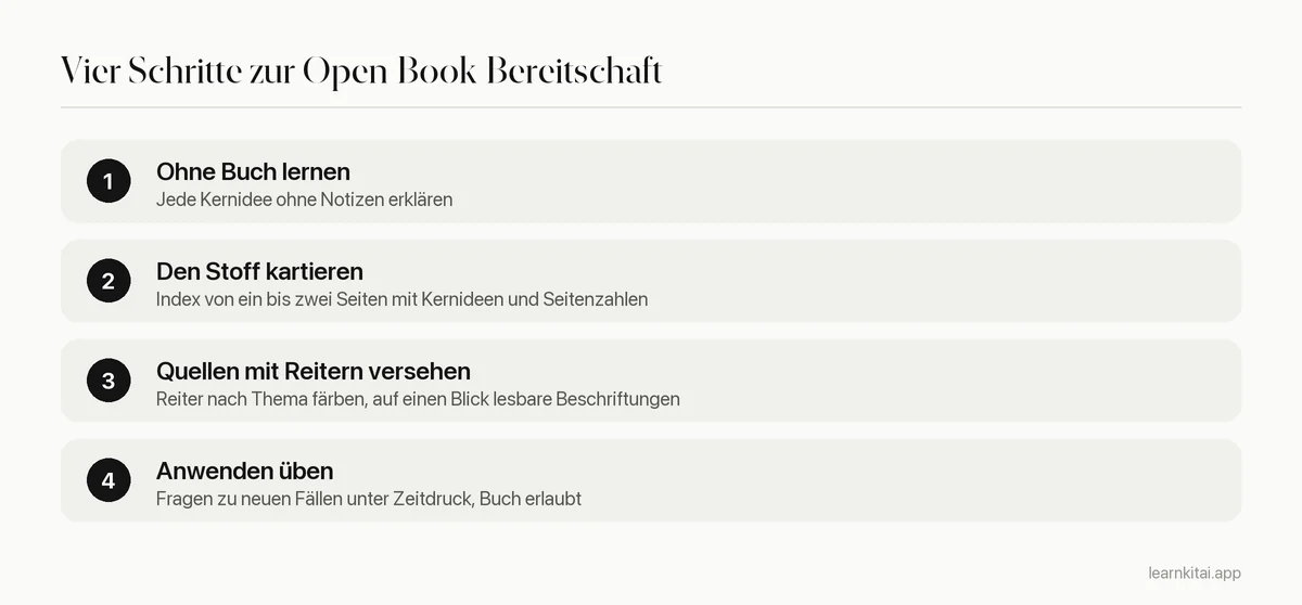 Vier Schritte der Vorbereitung auf eine Open Book Klausur vom Lernen ohne Buch bis zur Übung unter Zeitdruck