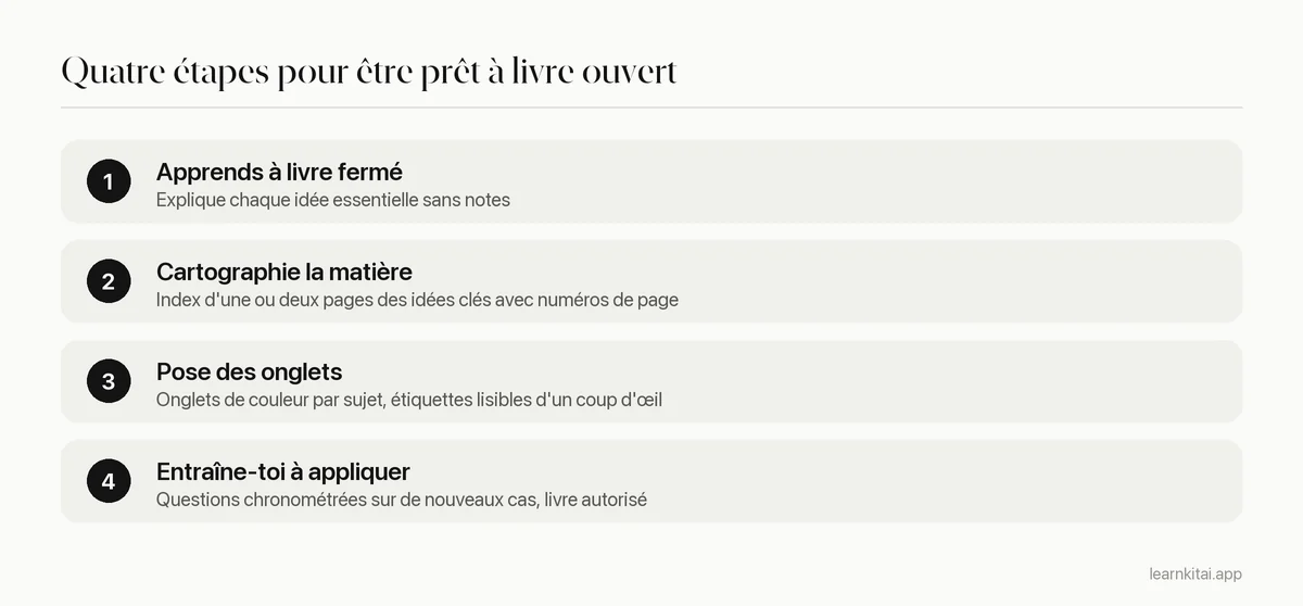 Quatre étapes pour préparer un examen à livre ouvert, de l'apprentissage à livre fermé à l'entraînement chronométré