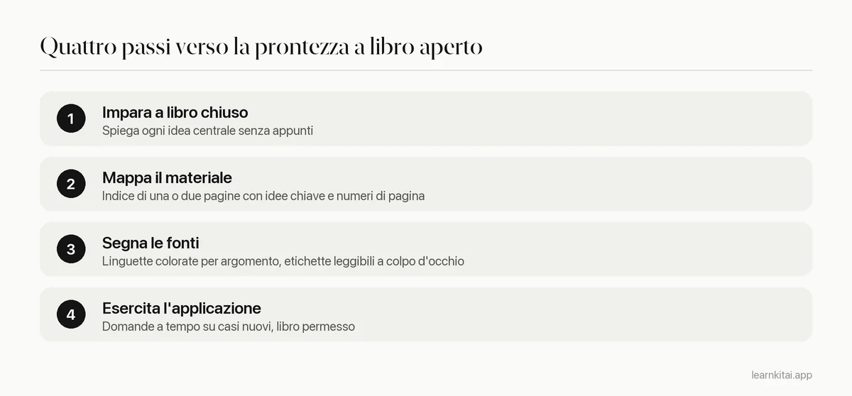 Quattro passi per prepararsi a un esame a libro aperto, dallo studio a libro chiuso alla pratica a tempo