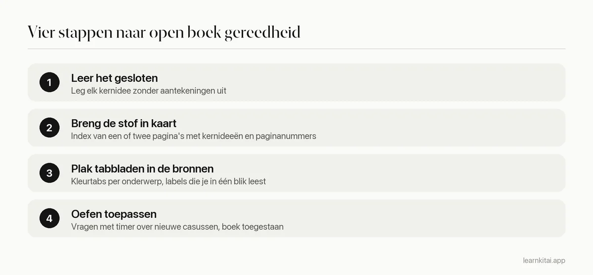 Vier stappen om je voor te bereiden op een open boek tentamen, van leren met gesloten boek tot geklokt oefenen