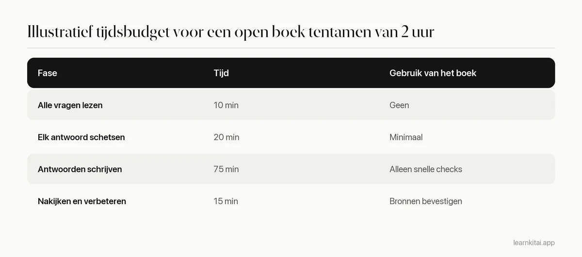 Tabel die laat zien hoe je een open boek tentamen van twee uur verdeelt over lezen, schetsen, schrijven en nakijken