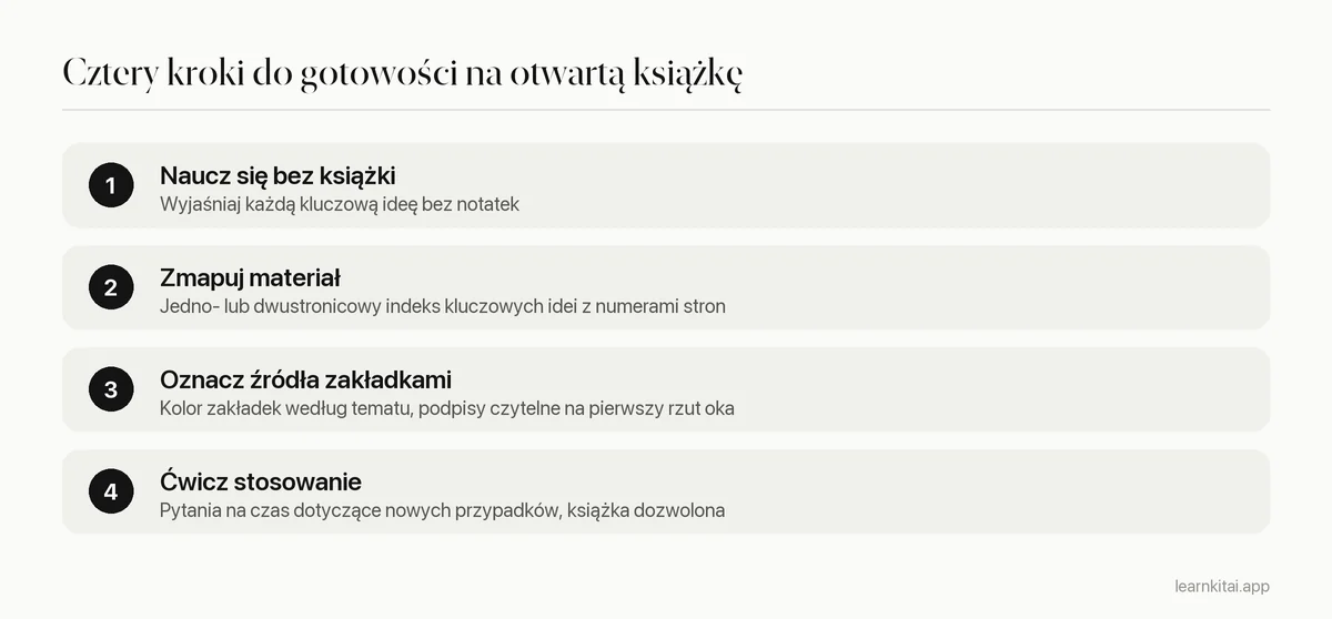 Cztery kroki przygotowania do egzaminu z otwartą książką od nauki bez książki po ćwiczenia na czas
