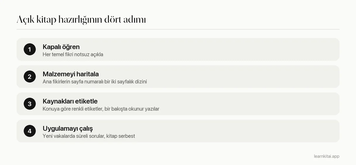 Kapalı kitap öğrenmeden süreli pratiğe açık kitap sınavına hazırlanmanın dört adımı