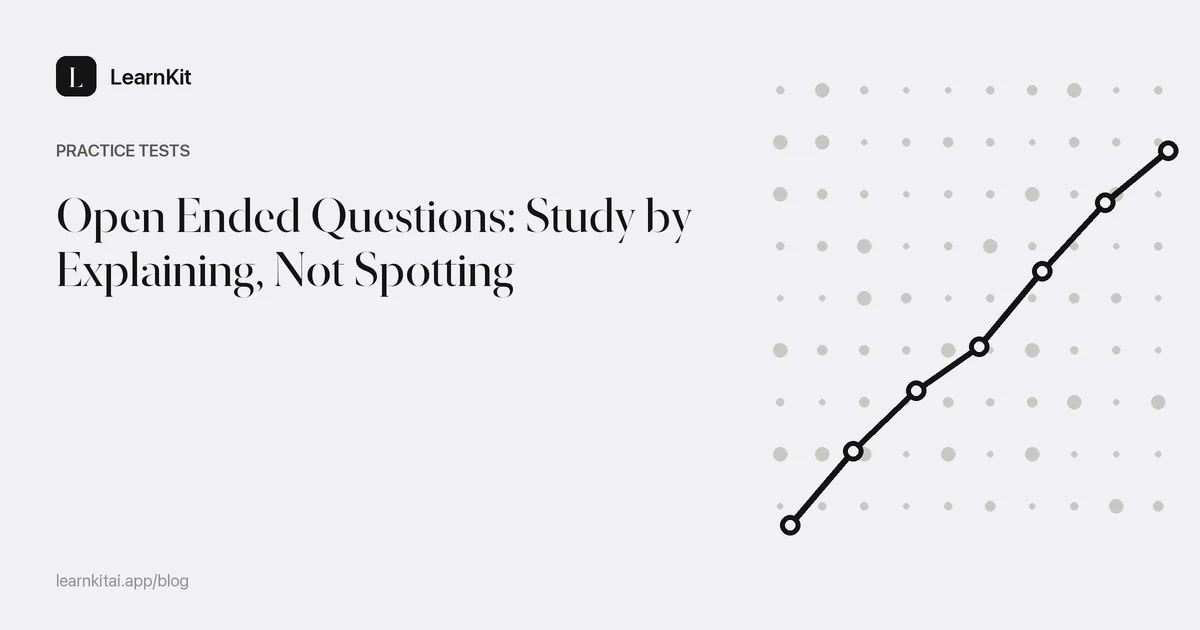 The title Open Ended Questions: Study by Explaining, Not Spotting over a calm monochrome pattern