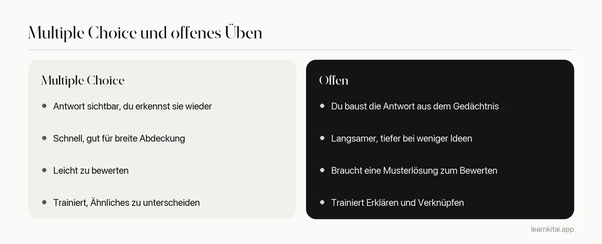 Vergleich von Multiple-Choice-Fragen und offenen Fragen nach Trainingswirkung, Tempo und bestem Einsatz