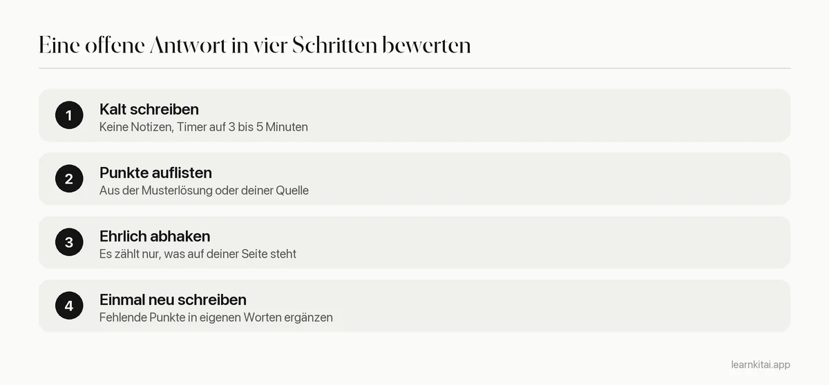 Vier Schritte zum Bewerten einer offenen Antwort: ohne Notizen schreiben, Bewertungspunkte auflisten, Vorhandenes abhaken, einmal neu schreiben