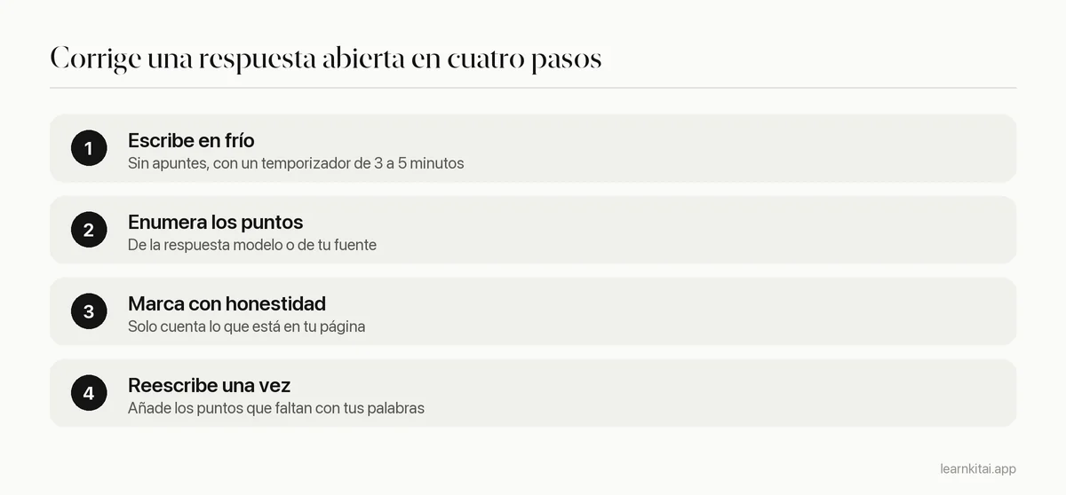 Cuatro pasos para corregir una respuesta abierta: escribir sin apuntes, enumerar los puntos de corrección, marcar lo presente y reescribir una vez
