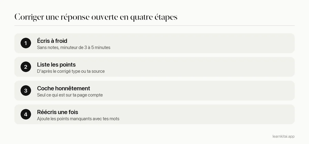 Quatre étapes pour corriger une réponse ouverte : écrire sans notes, lister les points, cocher ce qui est présent, réécrire une fois