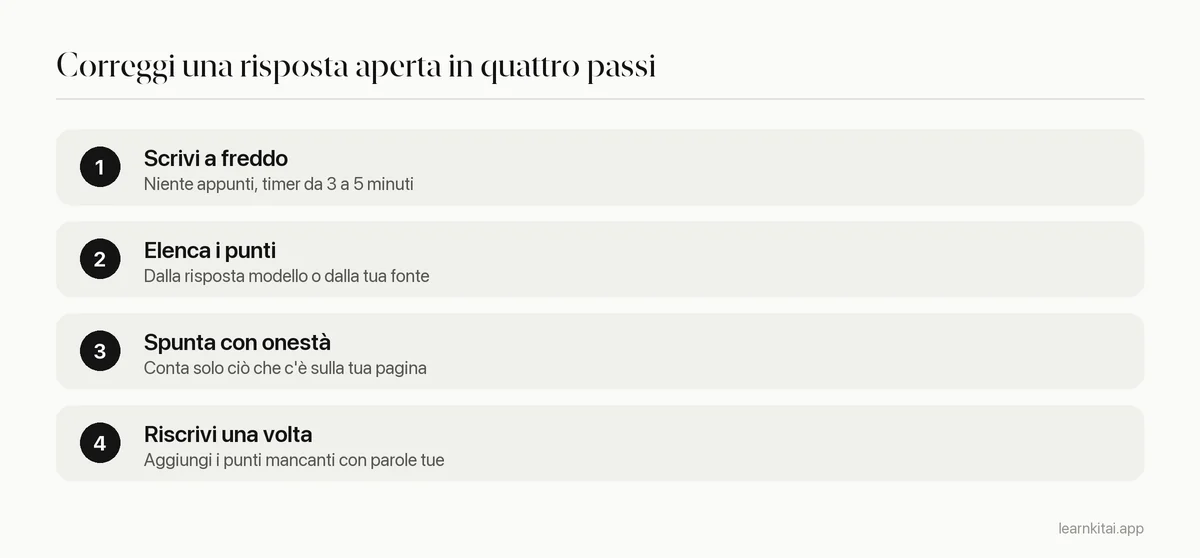 Quattro passi per correggere una risposta aperta: scrivi senza appunti, elenca i punti, spunta ciò che c'è, riscrivi una volta