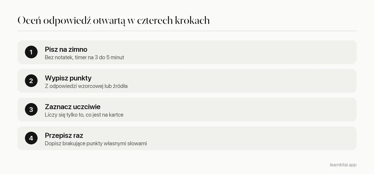 Cztery kroki oceniania odpowiedzi otwartej: pisz bez notatek, wypisz punkty, zaznacz to, co jest, przepisz raz