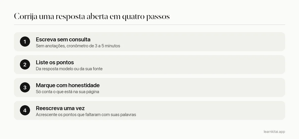 Quatro passos para corrigir uma resposta aberta: escrever sem anotações, listar pontos de correção, marcar o que está presente, reescrever uma vez