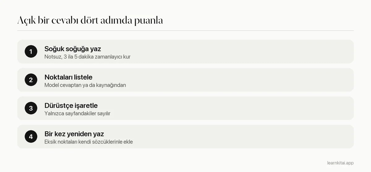 Açık bir cevabı puanlamanın dört adımı: notsuz yaz, puanlama noktalarını listele, olanı işaretle, bir kez yeniden yaz