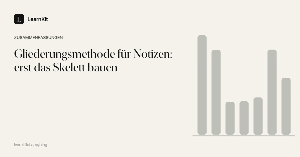 Der Titel Gliederungsmethode für Notizen: erst das Skelett bauen vor einem ruhigen, einfarbigen Muster