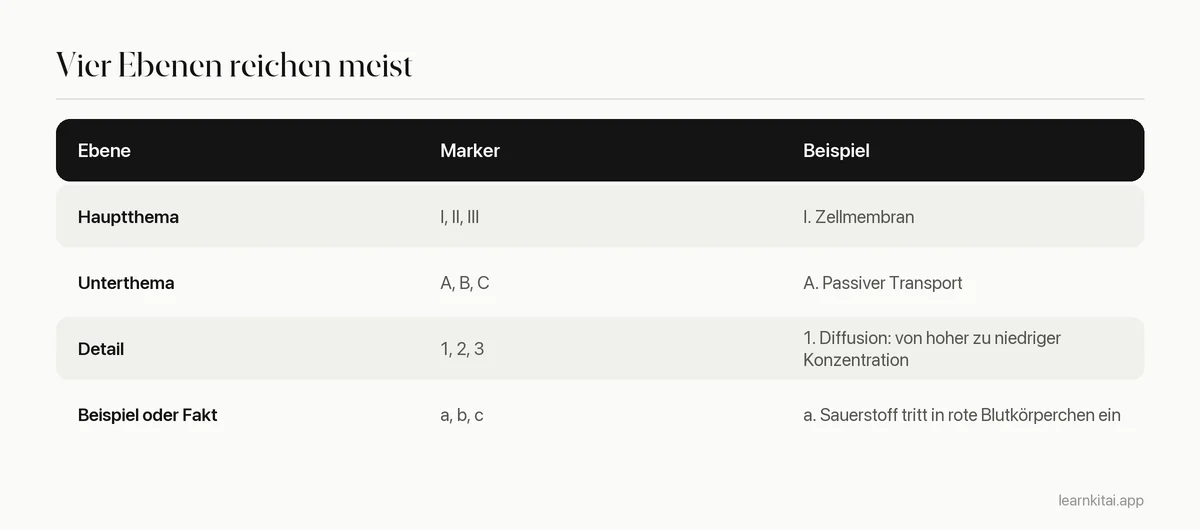 Tabelle mit vier Gliederungsebenen samt Nummerierung und einem Beispiel aus einer Biologievorlesung