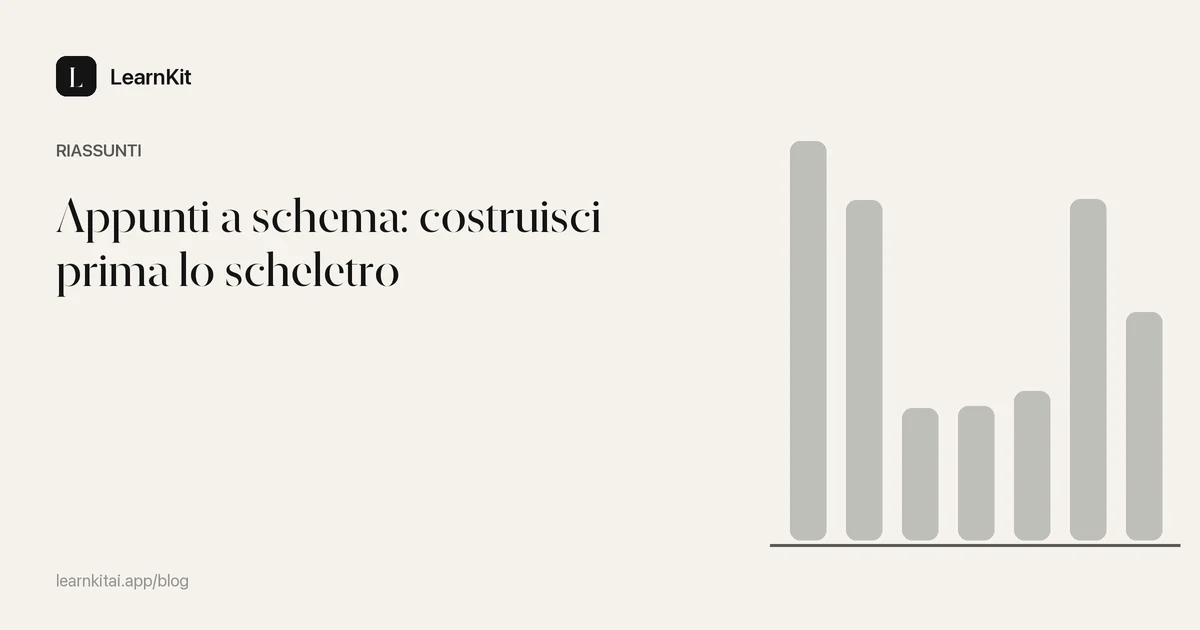 Il titolo Appunti a schema: costruisci prima lo scheletro su un motivo monocromatico tenue