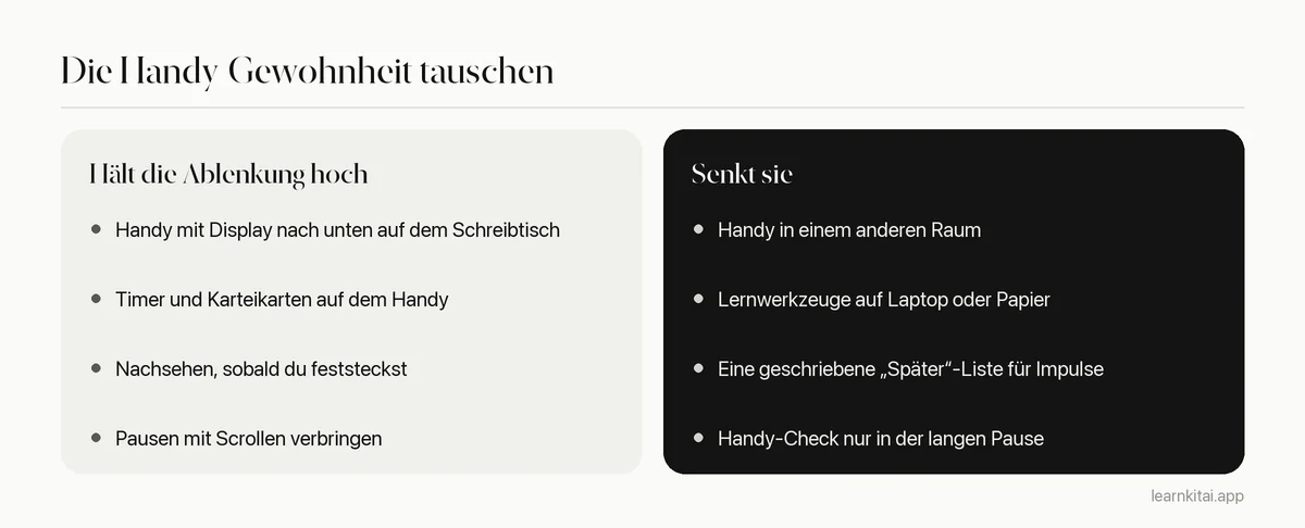 Vergleich von Handy-Gewohnheiten, die die Ablenkung hochhalten, und solchen, die sie senken