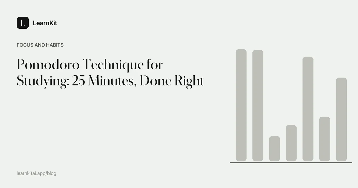 The title Pomodoro Technique for Studying: 25 Minutes, Done Right over a calm monochrome pattern