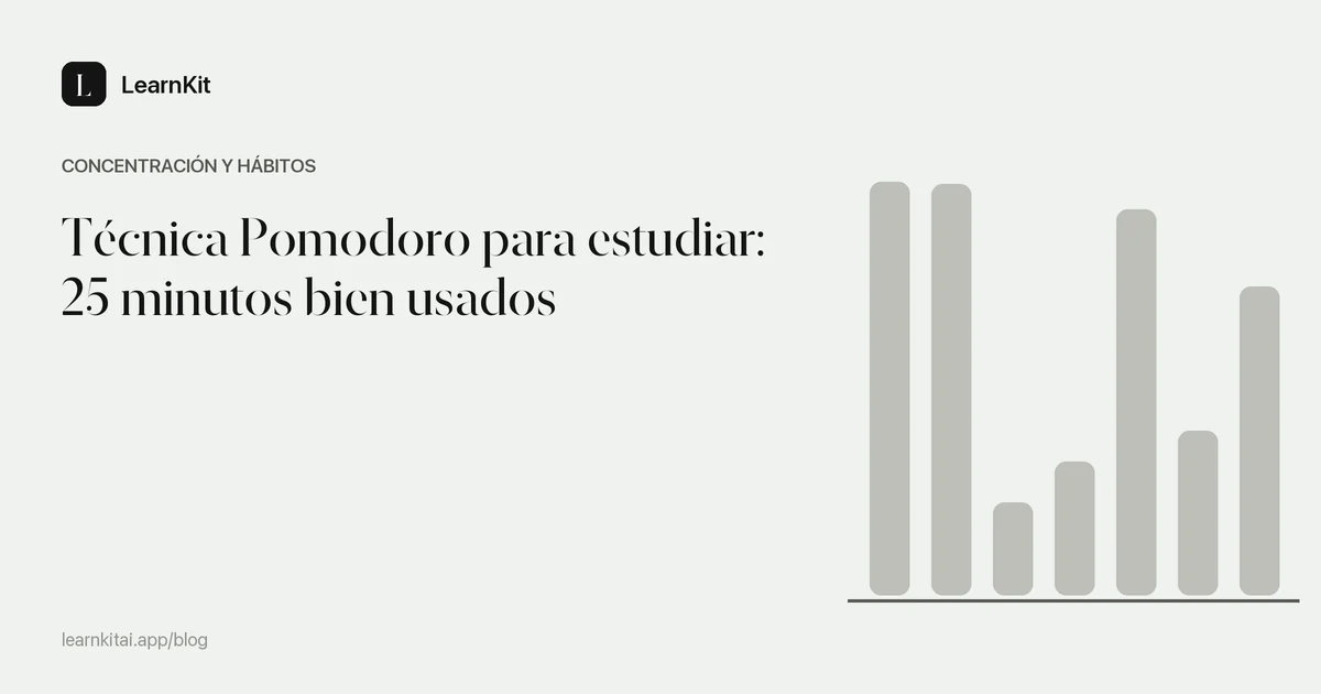 El título Técnica Pomodoro para estudiar: 25 minutos bien usados sobre un patrón monocromo y sereno
