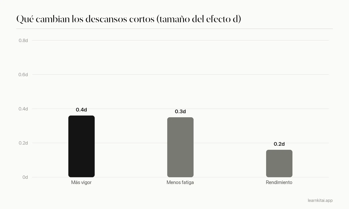 Gráfico de barras de los tamaños del efecto de los microdescansos sobre el vigor, la fatiga y el rendimiento según un metaanálisis de 2022