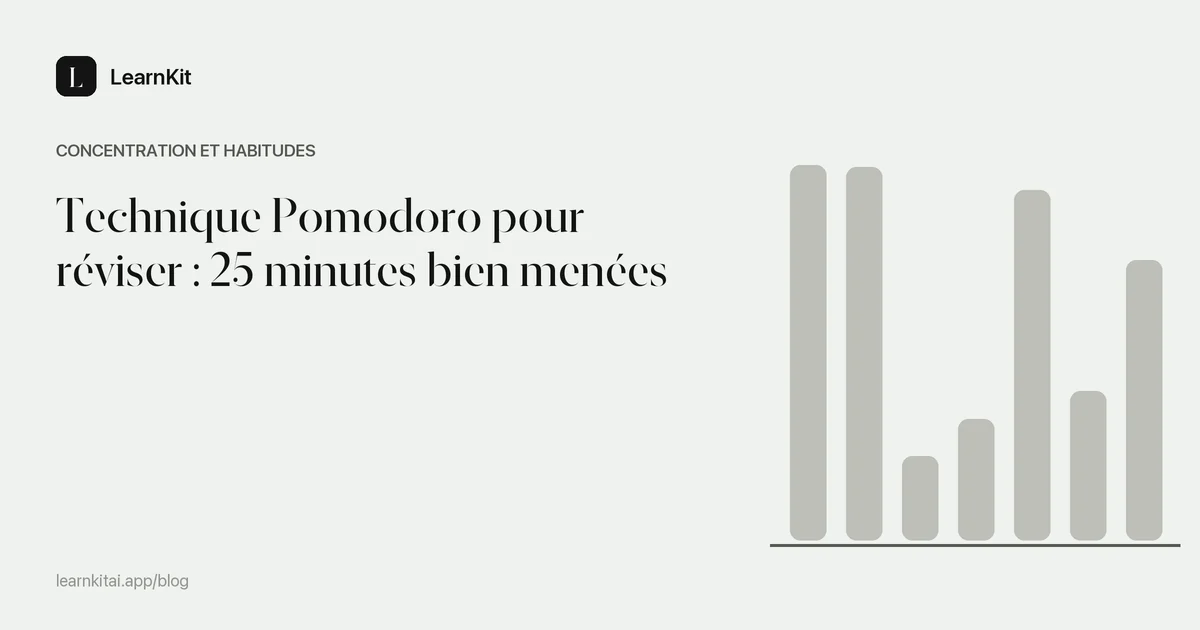 Le titre Technique Pomodoro pour réviser : 25 minutes bien menées sur un motif monochrome épuré