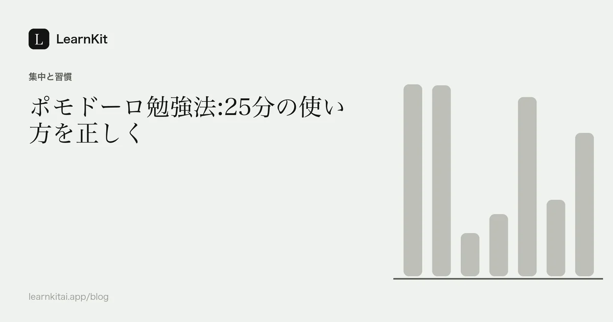 落ち着いたモノクロの模様の上に、タイトル「ポモドーロ勉強法:25分の使い方を正しく」を配置したカバー画像