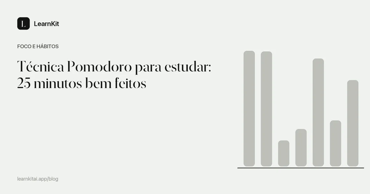O título Técnica Pomodoro para estudar: 25 minutos bem feitos sobre um padrão monocromático e sereno