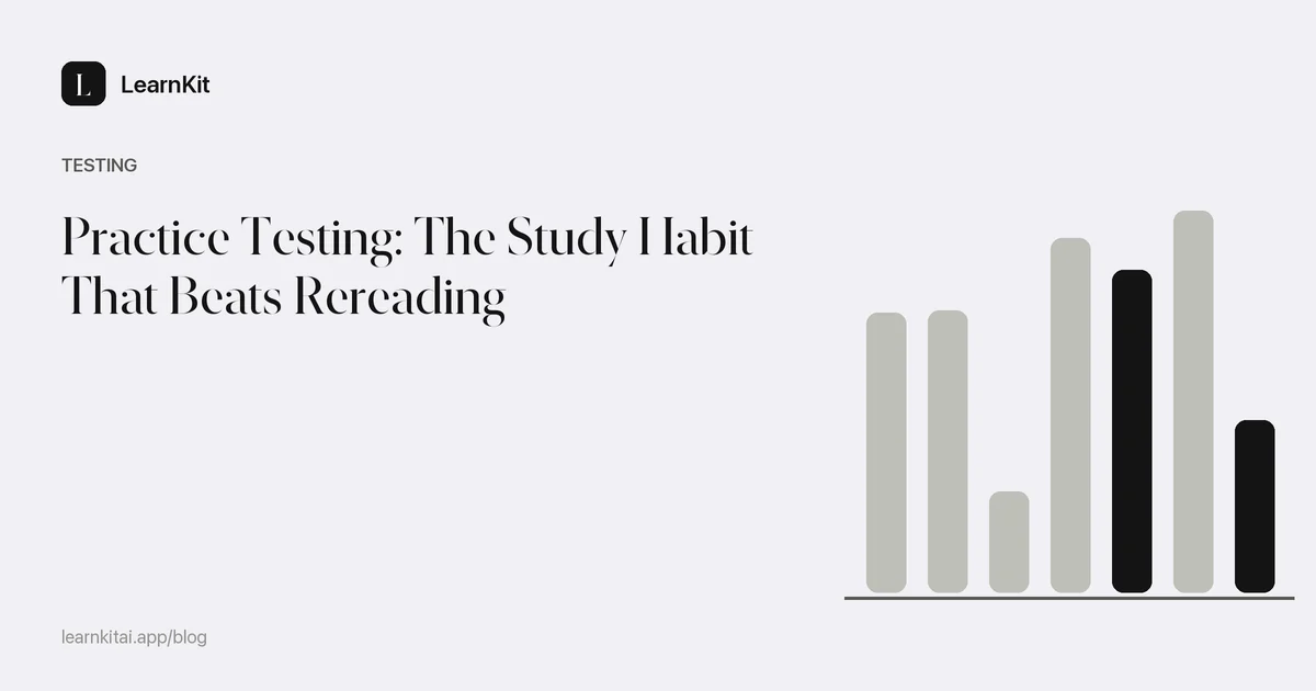 The title Practice Testing: The Study Habit That Beats Rereading over a calm monochrome pattern