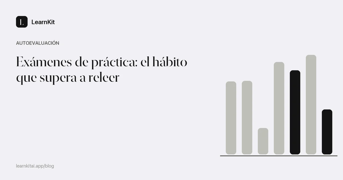 El título Exámenes de práctica: el hábito que supera a releer sobre un patrón monocromo y sereno