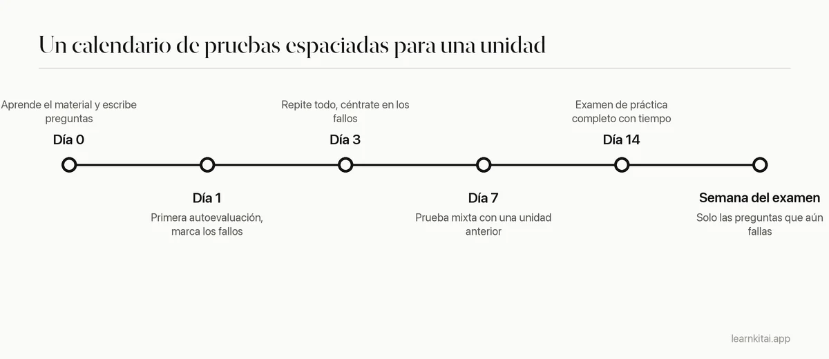 Línea de tiempo que muestra cuándo autoevaluarte en una unidad a lo largo de tres semanas