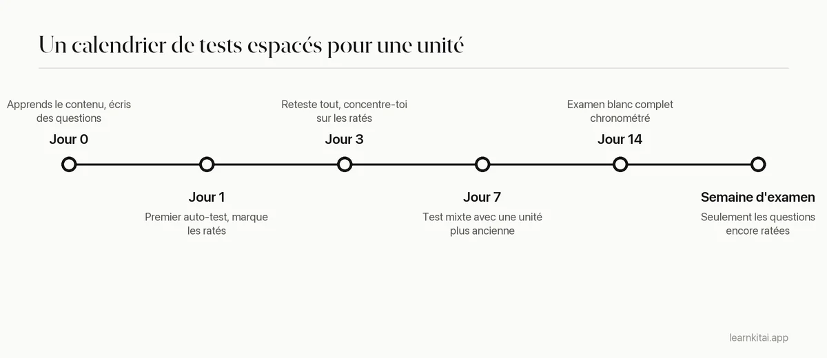Frise montrant quand se tester sur une unité pendant trois semaines