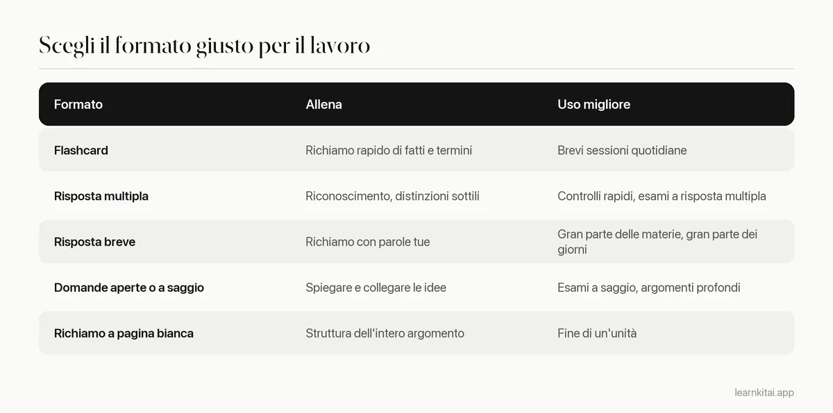Tabella che confronta formati di domande di pratica per ciò che allenano e quando usarli