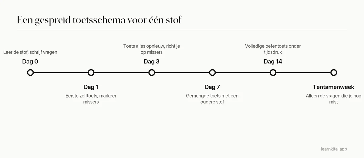Tijdlijn die laat zien wanneer je jezelf over één stof toetst gedurende drie weken
