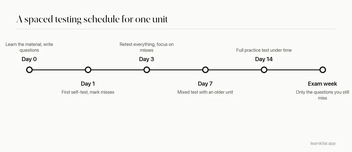 Timeline showing when to test yourself on one unit over three weeks
