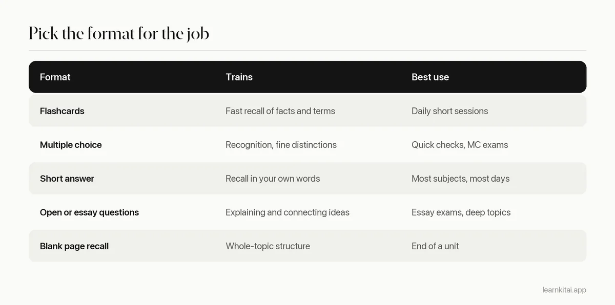 Table comparing practice question formats by what they train and when to use them