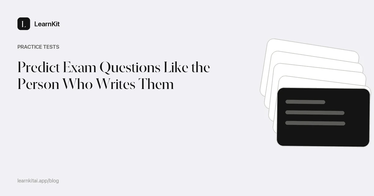 The title Predict Exam Questions Like the Person Who Writes Them over a calm monochrome pattern