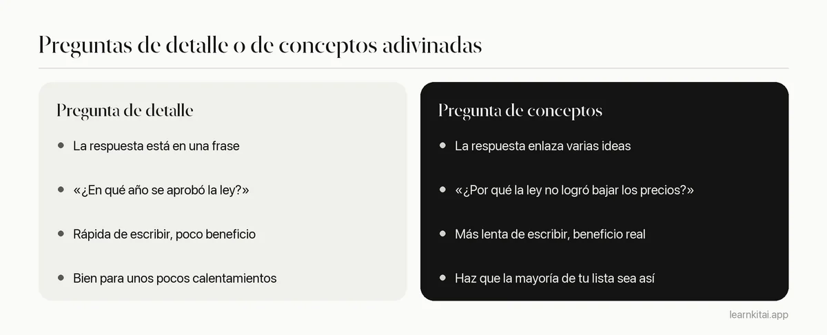 Comparación de preguntas de detalle y preguntas de conceptos con un ejemplo de cada una de un curso de biología